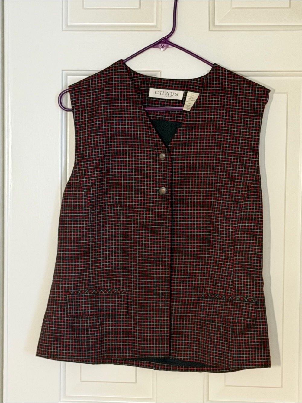 Vintage Chaus Red and Black Checked Sleeveless Vest Metal Buttons